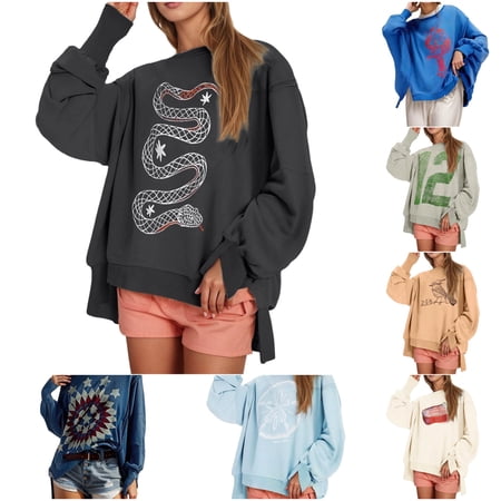 Womens Oversized Long Sleeve Graphic Shirts Crew Neck Long Sleeve Slit Hem Sweatshirt Casual Tops Loose Fit Side Slit Cozy Fall Outfit Tees