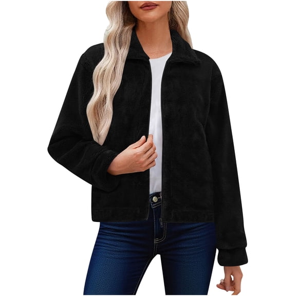 jtjvou Womens Fuzzy Fleece Jacket Zip Up Long Sleeve Casual Lapel Collar Fall Winter Warm Coats Trendy Solid Color Outwear Black S