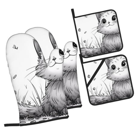 

Zeuib Cute Cat Meadow Sketch Oven Mitts and Potholders BBQ Gloves Kitchen Oven Glove High Heat Resistant 500 Degree Extra Long Oven Mitts and Potholder with Non-Slip Silicone Surface for Cooking