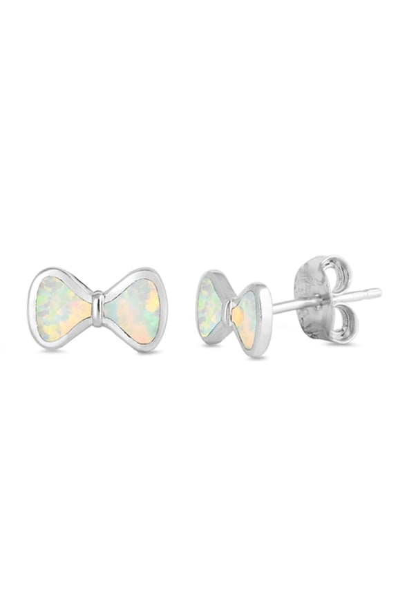 White Synthetic Opal Bowtie Stud Earring Sterling Silver