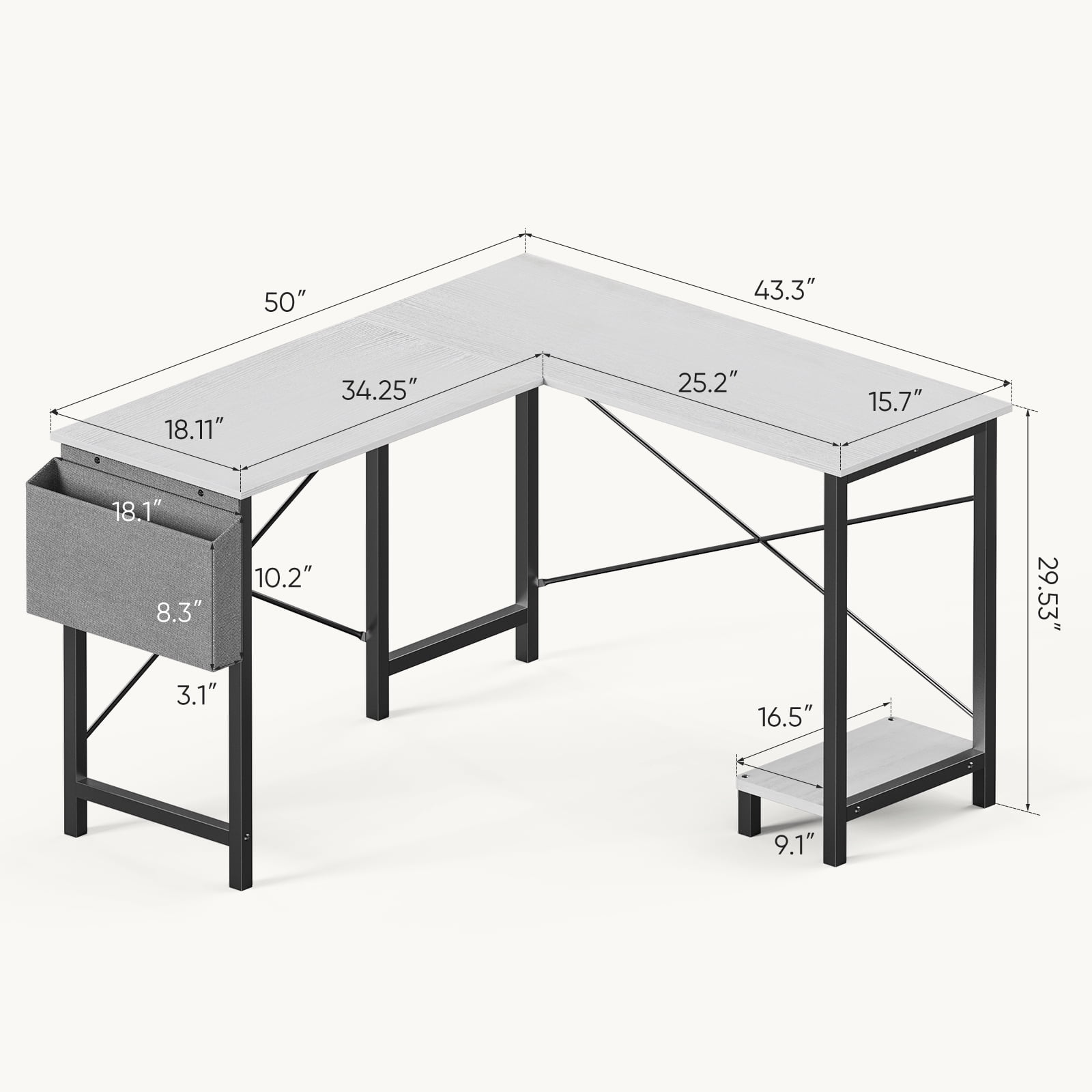 ZUNMOS Modern L-Shaped Desk, Sleek Design, Spacious Workspace, White
