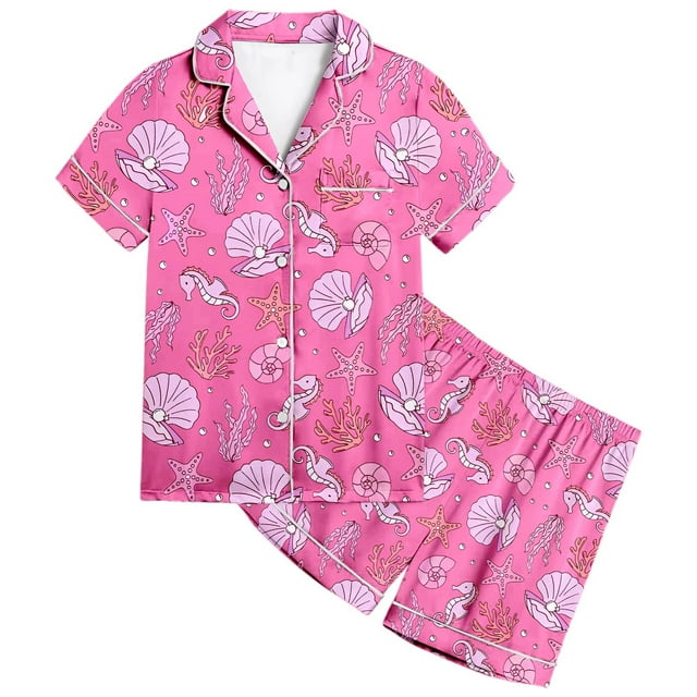 Ensemble de Pyjama en Satin pour Filles, Tenue d'Intérieur Classique à Boutons avec Haut à Manches Courtes Confortable et Shorts Doux