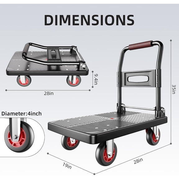 Upgraded Foldable Push Cart Dolly | 880 lbs. Capacity Moving Platform Hand Truck | Heavy Duty Space Saving Collapsible | 5'' TPR 360-Degree Silent Wheels | 2 Swivel Wheels and 2 Rigid Wheels