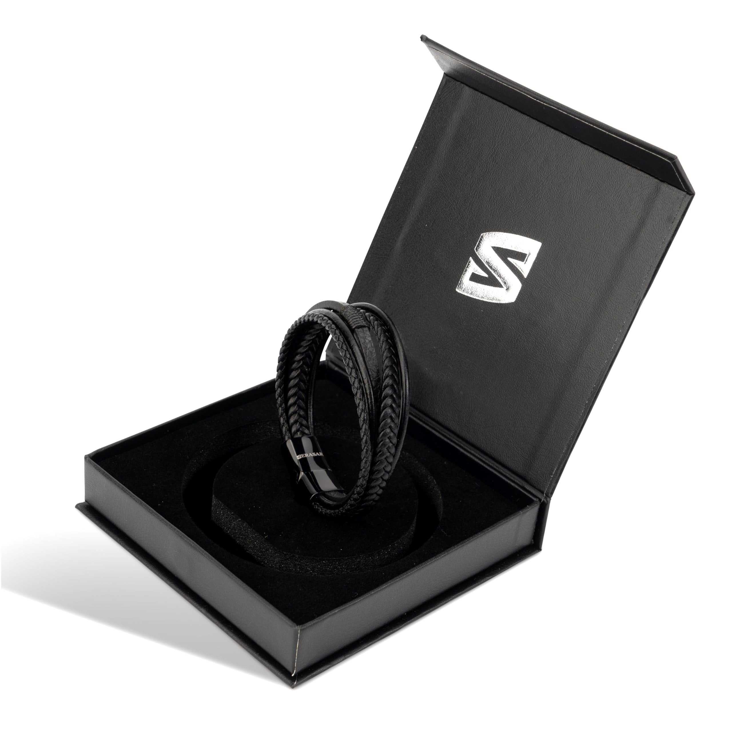 SERASAR Men's Premium Leather Bracelet "Wild" with stainless steel magnetic closure, Black 23cm, including gift box