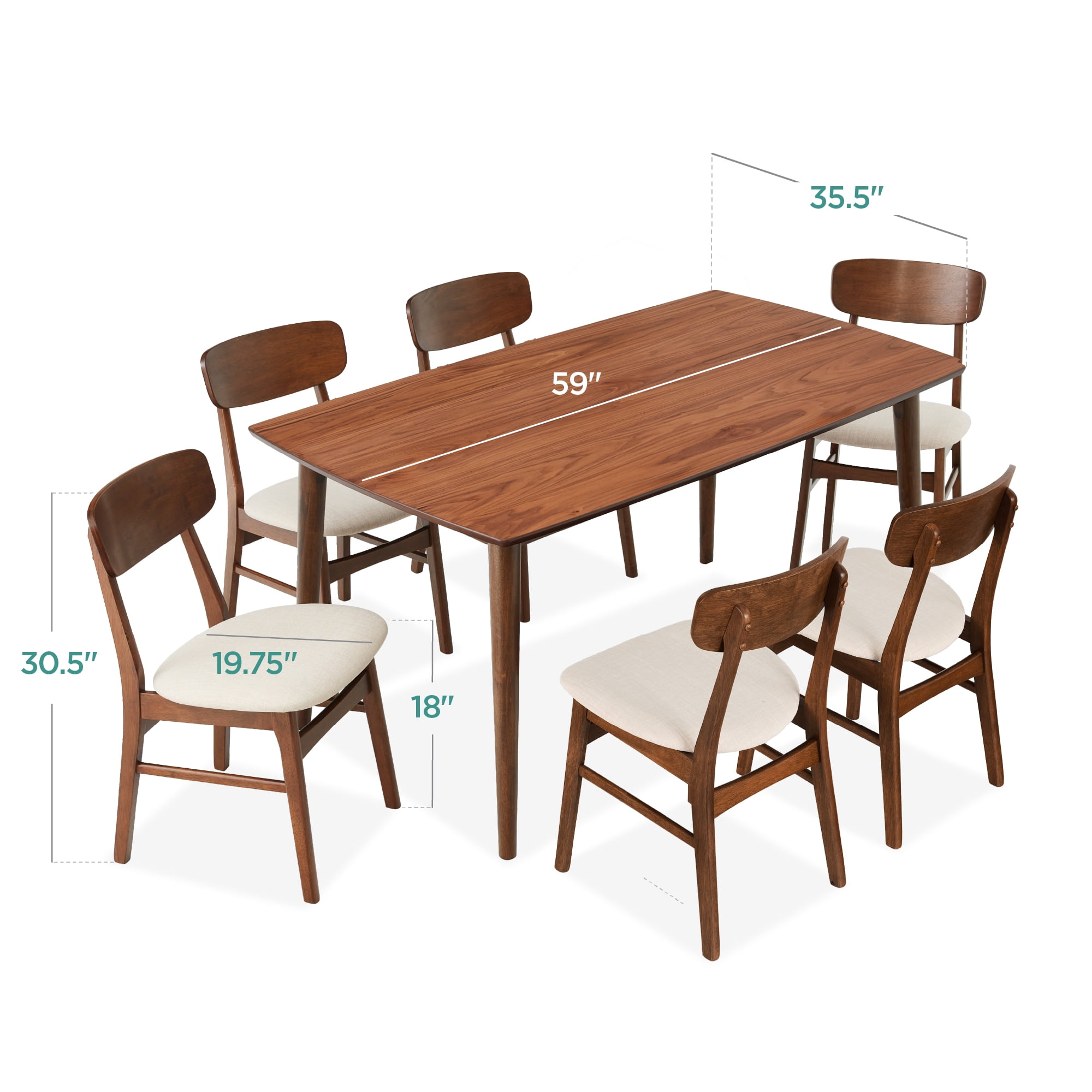 Best Choice Products 7-Piece Mid-Century Modern Upholstered Dining Set, Wooden Table w/ 6 Chairs - Walnut/Cream