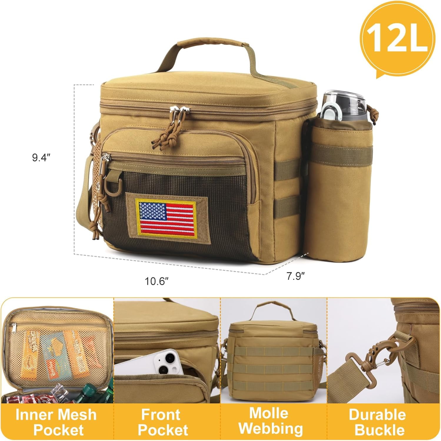 Reusable Lunch Bag for Men/Women - Insulated Lunch Box Leakproof Lunch Pail Freezable with Adjustable Shoulder Strap,Lunch Cooler Bag for Work Office Picnic Beach，Brown