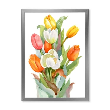 Designart 'Blooming Orange and White Tulips Flower' Traditional Framed Art Print