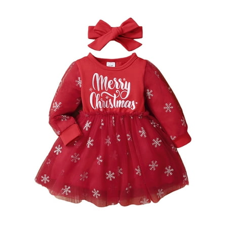 

PBaeM Baby Girls 3-24Months Xmas Snowflake Long Sleeve Tulle Dress Bow Headband Fancy Cute Outfit Sets