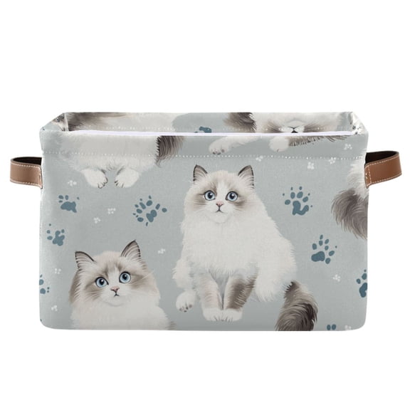 WOBOGO Playful Ragdoll Cats Pattern Square Storage Basket with Waterproof Canvas and PE Lining Durable PU Leather Handles 14.2×10.2×8.3in