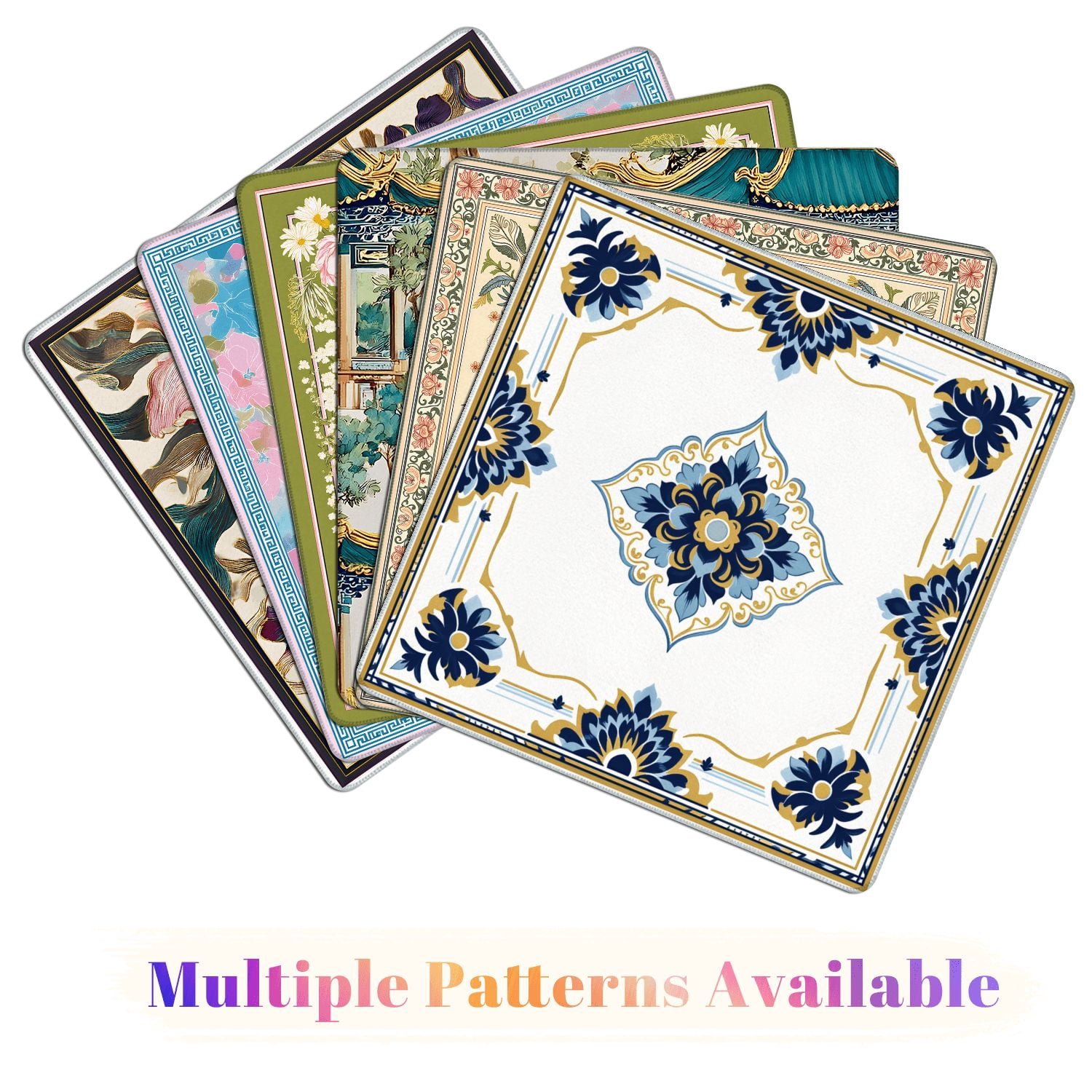 Mahjong Mat 31.5" x 31.5" Ornamental Floral Tile Blue Navy Gold Symmetrical Decorative Motifs Non-Slip Noise Reduction American Mahjong Tiles Table Cover for Dominoes Poker Card Board Games Gift