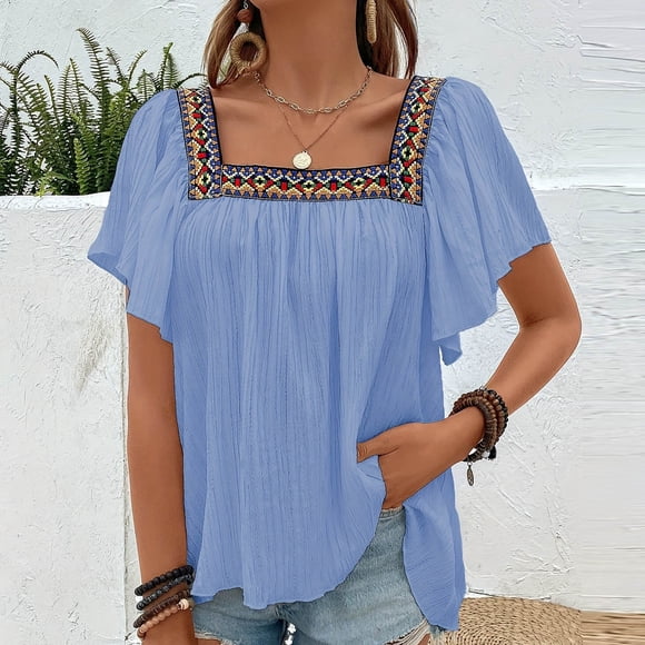 Ichuanyi Womens Summer Tops Casual Short Sleeve Lace Trendy Shirts Crewneck T Shirt Loose Blouses