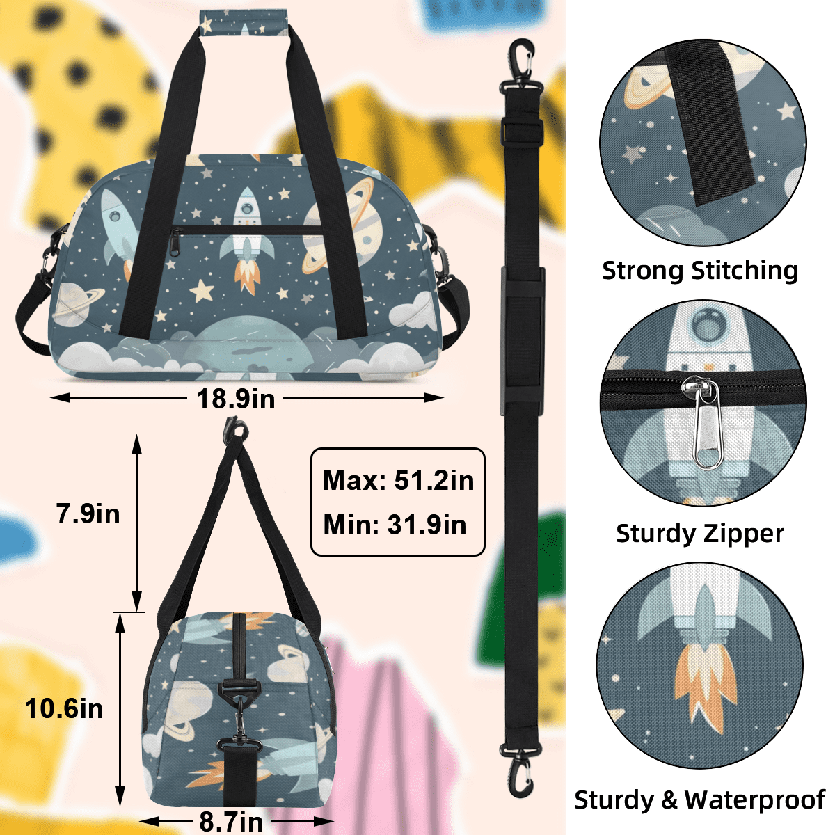 Herdesigns Universe Galaxy Space Sports Duffle Bag for Women & Men, Gym Bag Dance Bag Overnight Bag Carry On Weekender Travel Bag