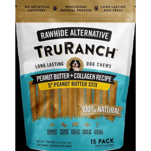 TRURANCH All-Natural Rawhide Alternative Dog Treats, 5" Sticks (Peanut Butter), Hydrolyzed Collagen50% Protein, Healthy Limited Ingredients Dog Chew, for Small, Medium, and Large Dogs