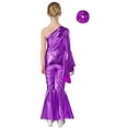 thumbnail image 2 of Miutii Kids Girls Hip Hop Jazz Dance Performance Costume One Shoulder Shiny Metallic Bell-Bottom Jumpsuit Purple 14, 2 of 5