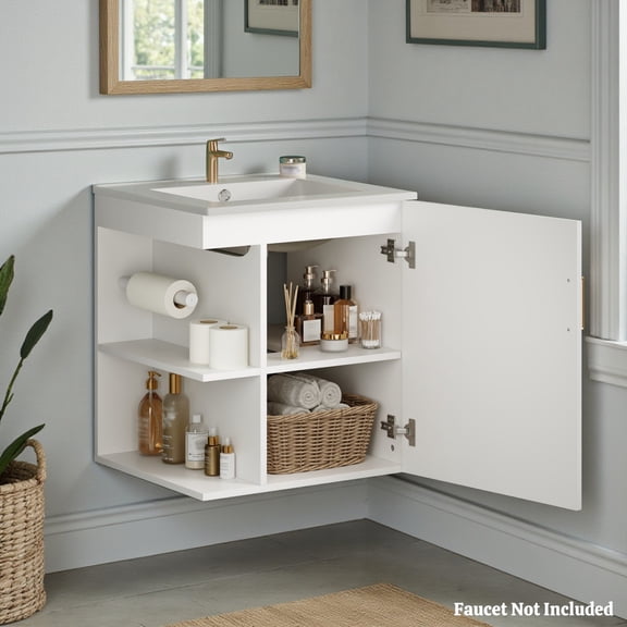 GZXS 20-inch White Bathroom Vanity with Ceramic Sink Combo Set, Modern Wall-Mounted Floating Storage Cabinet with Soft Closing Door & Side Open Shelves, Space-Saving Bathroom Space Saver