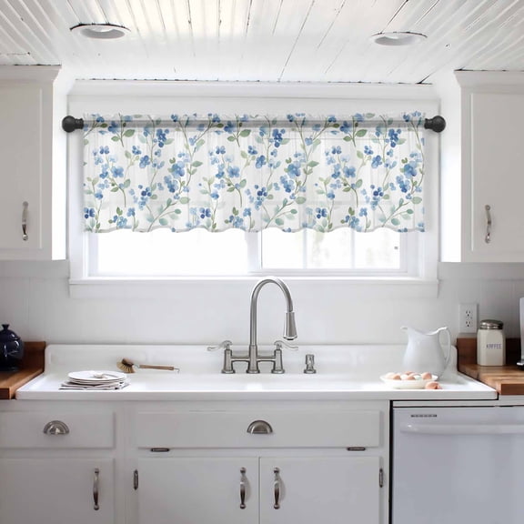 Spring Blue Floral Valance Curtains for Kitchen/Living Room/Bathroom/Bedroom Window, Ombre Garden Flower Botanical Blooms Rod Pocket Small Topper Half Short Window Curtains Voile Sheer Scarf 42"x18"