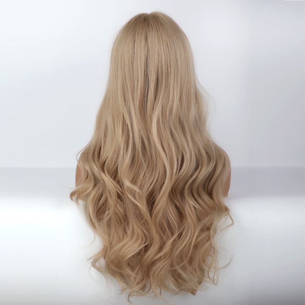 NOGIS Women Long Synthetic Wig Light Blonde Wigs with Bangs Natural Wave Long Curly Heat Resistant  Synthetic Wig
