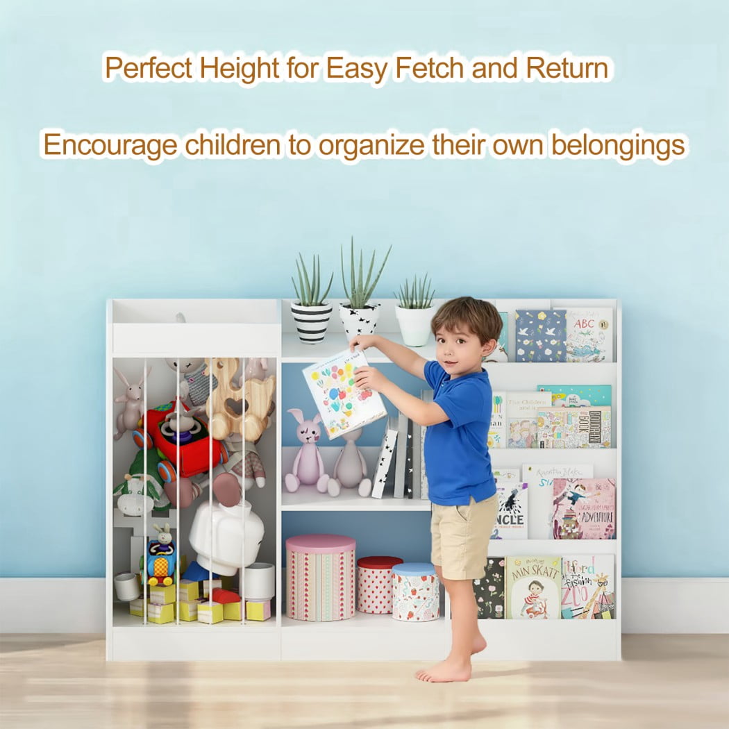 3-in-1 Kids Bookshelf and Toy Storage, 4-Tier Montessori Bookcase with Sling Stuffed Animal Organizer & 3-Tier Toy Shelf for Nursery, Playroom & Kindergarten, White
