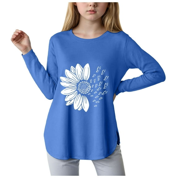 yocbz Long Sleeve Shirts Kids Girls Long Sleeve Shirts Cotton T-Shirts Kids Crewneck Tees Tops for Teen Girls Blue,Size for 7-8 Years