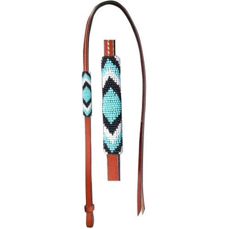 Showman 4' Leather Over Under Whip w/ Teal, Black & White Beaded Overlay