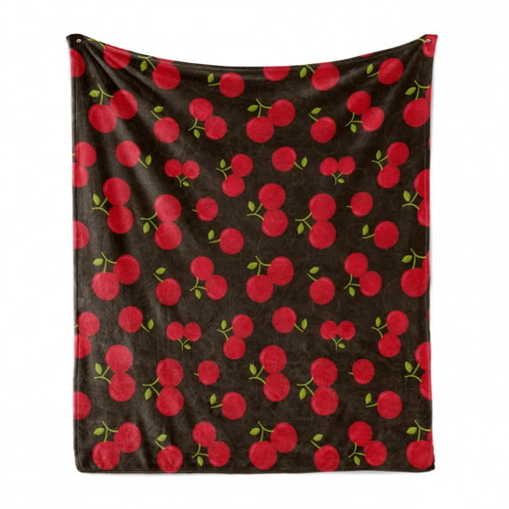 Cherry Soft Flannel Fleece Throw Blanket, Summer Time Illustration of Repeating Fruit Motifs Ripe and Refreshing, Cozy Plush for Indoor and Outdoor Use, 70" x 90", Dark Brown Dark Pink, by Ambesonne