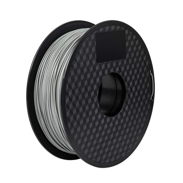 filamento para impresora 3d Zonar Gris carrete 3/4 frontal con filamento PLA seda enrollado, diámetro 1.75 mm (tolerancia 0.02 mm) visible; spool negro con patrón geométrico, hilo liso para impresión FDM de piezas grandes y prototipos con acabado reflectante.
