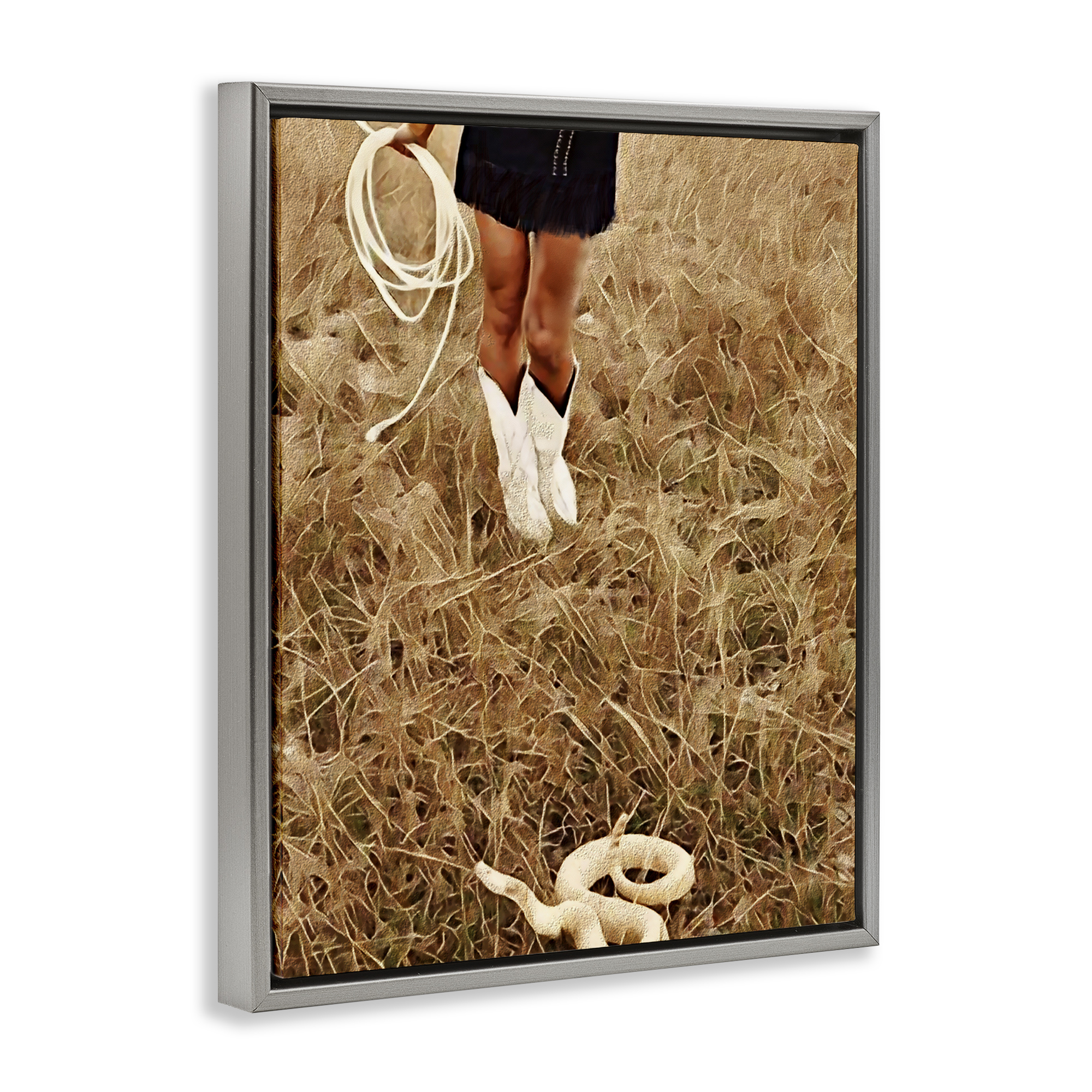 With Her Lasso & Snake Gray Framed Floater Canvas Wall Art, design by Jesse Keith