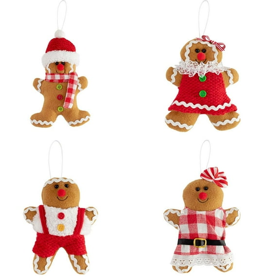 4Pcs Gingerbread Man Ornaments 5.7 Inch Tall for Christmas Tree Assorted Plush Stuffed Gingerbread Figurines Ornaments for Christmas Tree Hanging Decorations Holiday Xmas Season Home Decor Gifts