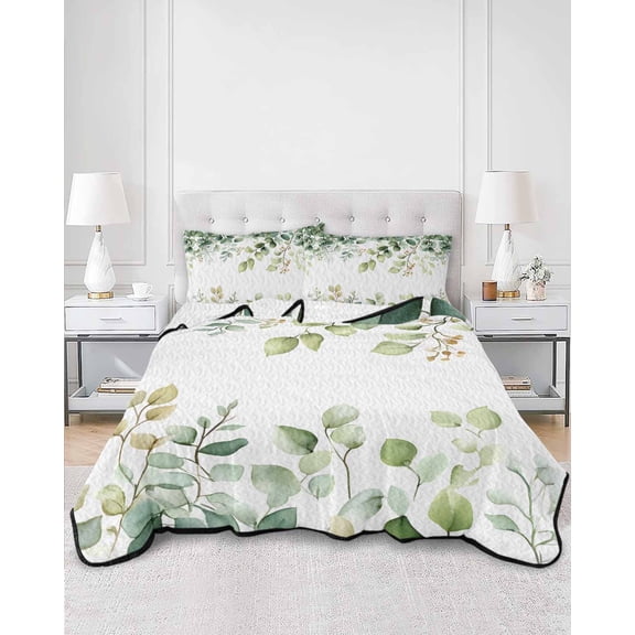 Quilts Queen Size, Eucalyptus Soft Comforter Bedding Set for Bed, Sage Green Brown Leaf Boho Minimalist White Lightweight Quilted Bedspread with Pillow Cover(2 Pieces) for All Season, 90x96 Inch