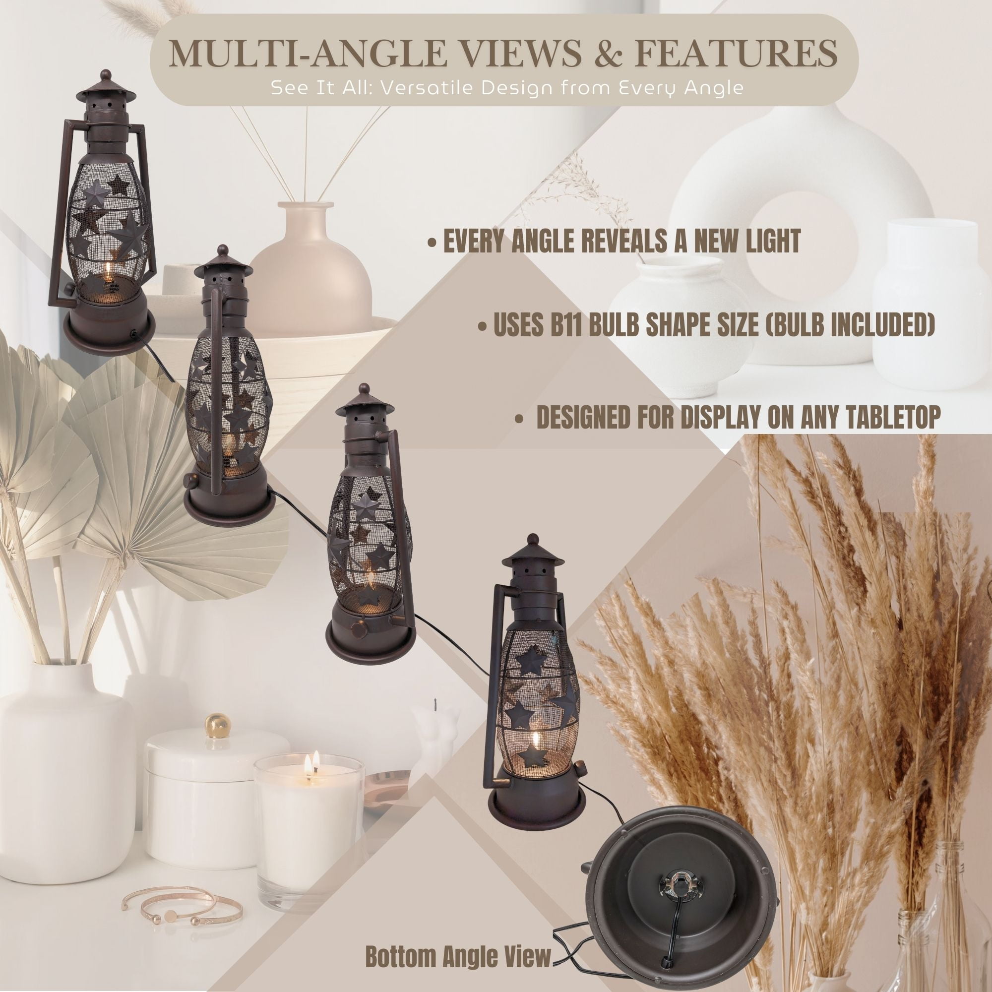Rustic Metal Star Lantern Nightlight - Vintage Farmhouse Table Lamp with Electric Cord - Western Cowboy Style Décor for Living Room, Bedroom, or Office