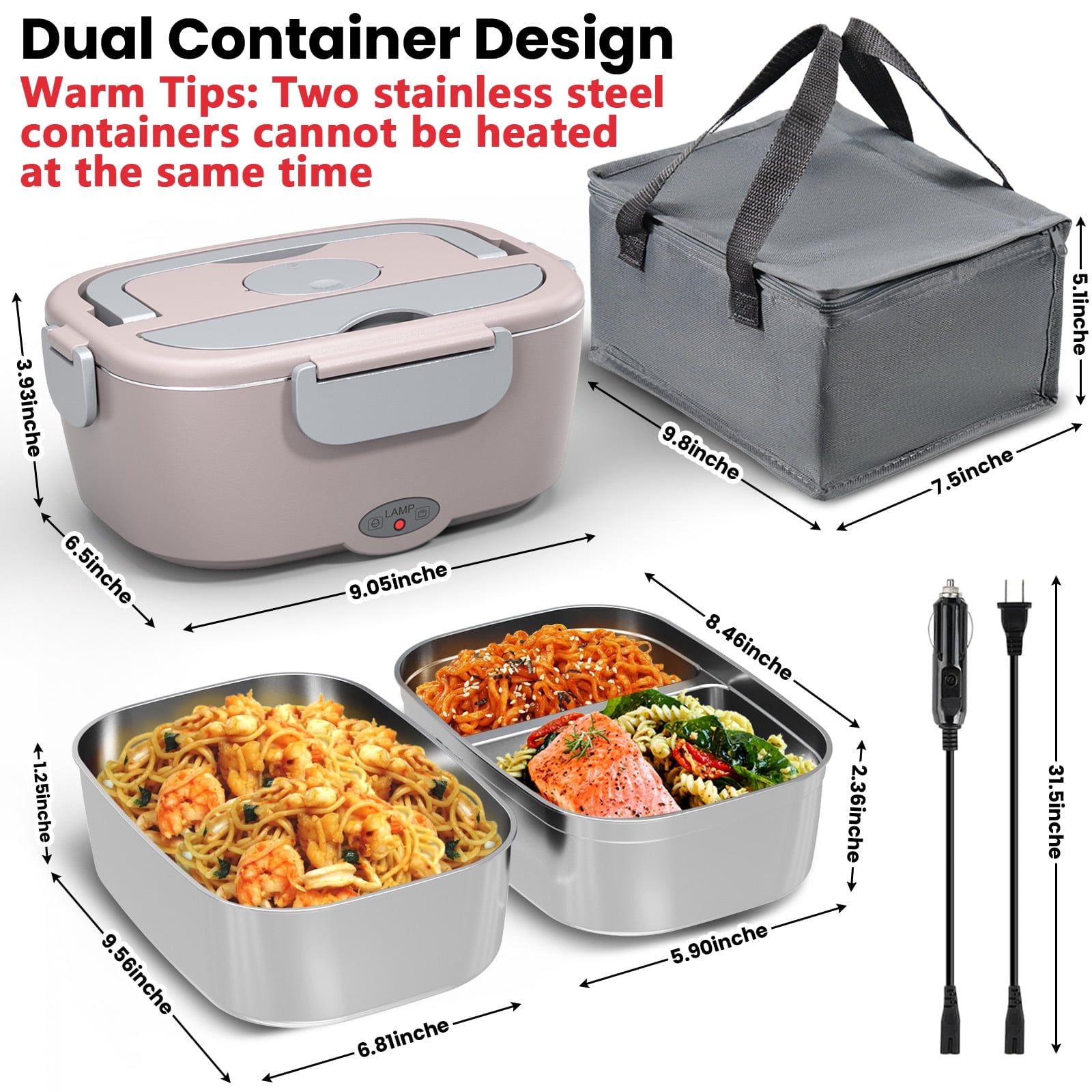 Electric Lunch Box Food Heater for Work, 80 W Food Warmer for Car Truck Travel with 2 Stainless Steel Containers 1.5 Liters Potable Self Heating lunch Box for Adults lonchera eléctrica portátil