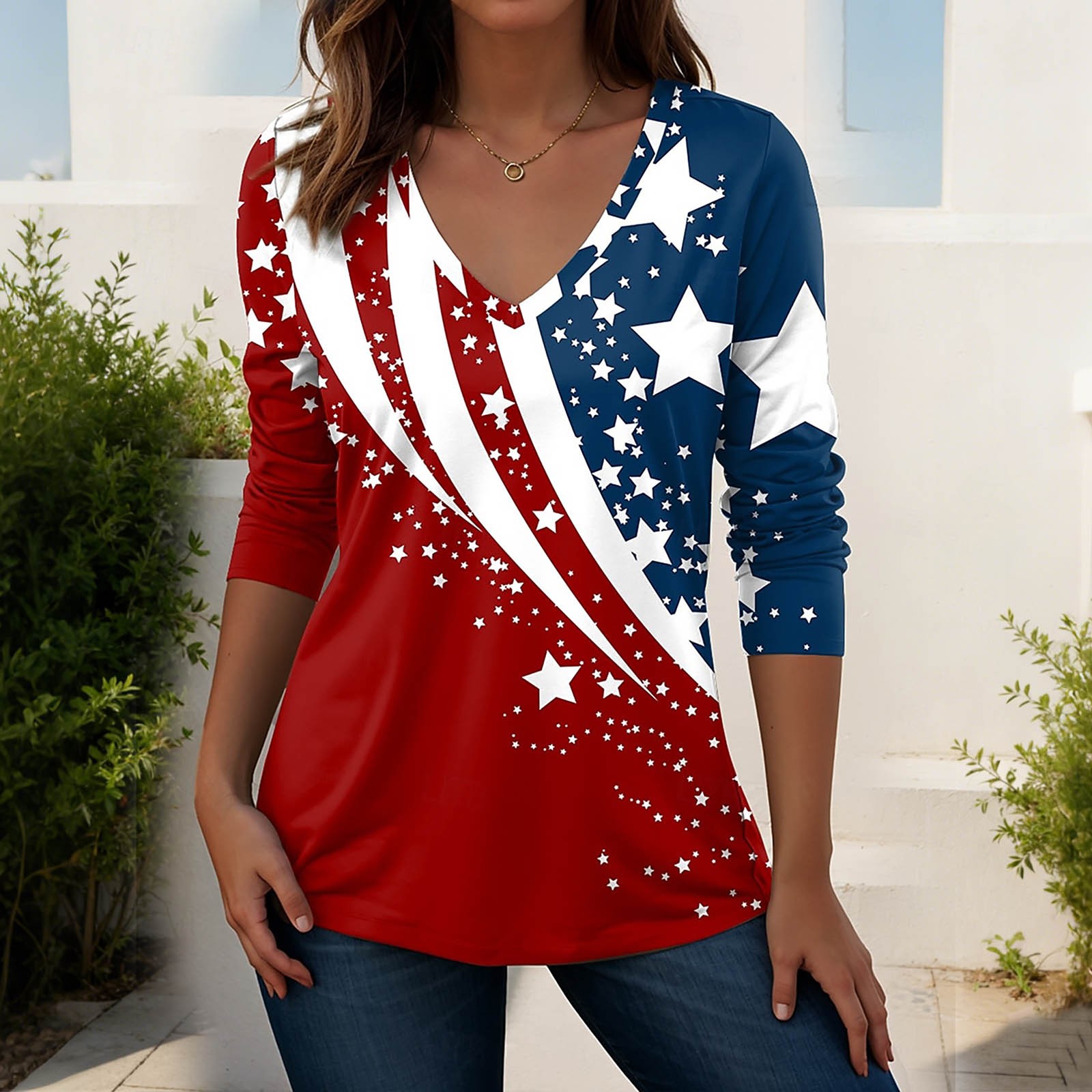 Fshinging Summer Tops for Women Patriotic Independence Day 3/4 Sleeve V Neck Layer Clothes Multicolour L
