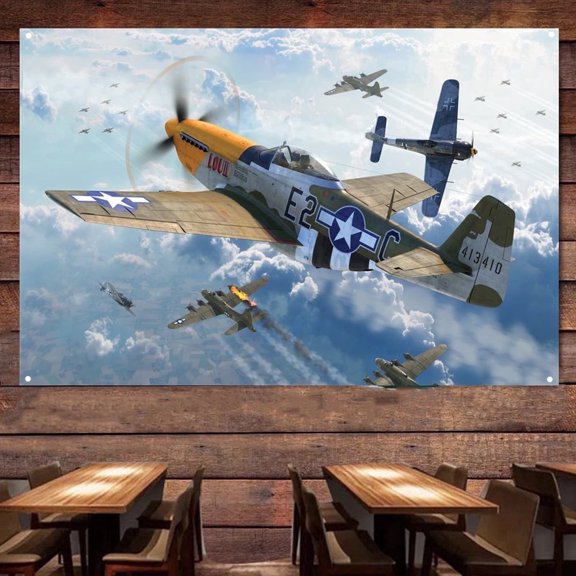 P-51D Fighter Jet Wall Decor - Attack Aircraft Canvas Print - Air Force Banner Wall Hanging Flag - Aviation Artwork For Room Studio Bedroom 38" x 57"