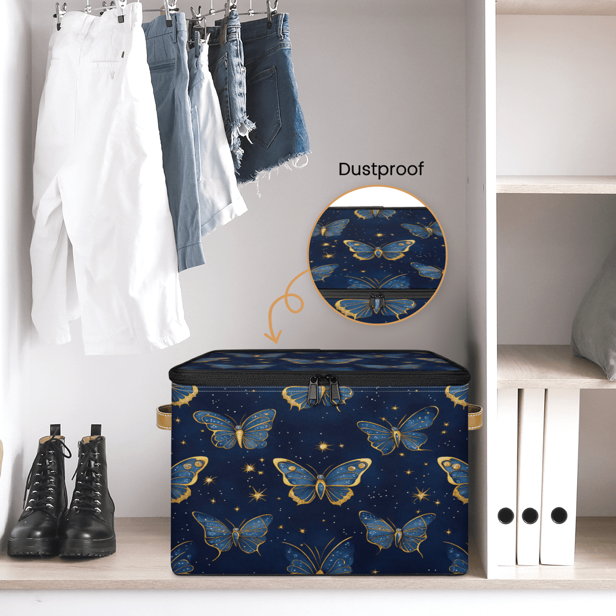 ADECORIVY Blue Gold Butterflies Storage Bin with Zipper Lid, Fabric Foldable Shelf Baskets Boxes, Closet Lidded Storage Bins, Decorative Clothes Organizer for Bedroom Home