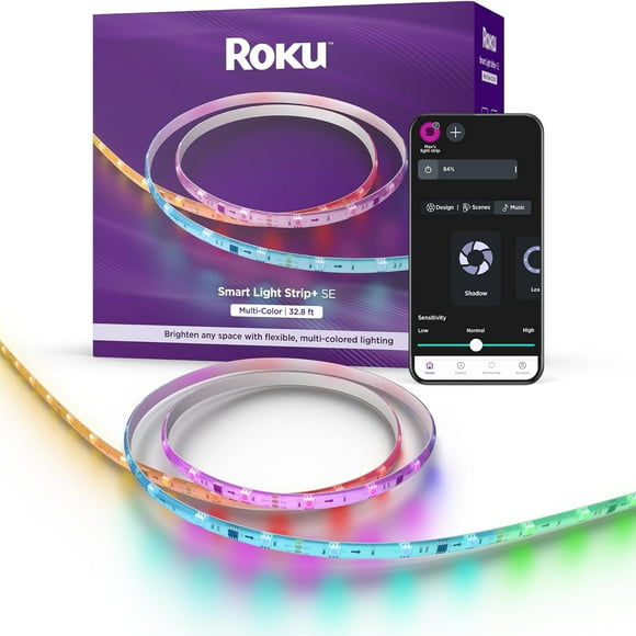 Roku Bande Lumineuse LED Intelligente+, 32.8 Pieds - Options de Couleur avec Luminosité et Température Réglables - Bande Lumineuse Intelligente WiFi Pelable & Adhésive Fonctionne avec Voix, Alexa & Google Assistant