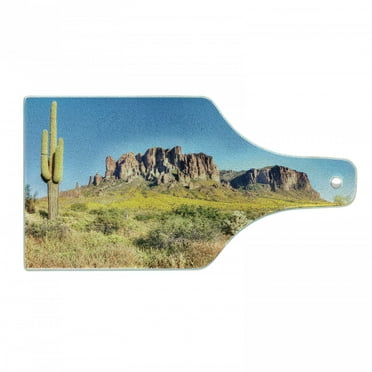 Saguaro Cutting Board, Blooming Brittlebush Superstition Wilderness by the Mountain Phoenix View, Tempered Glass Cutting and Serving Board, Wine Bottle Shape, Orange and Brown, by Ambesonne