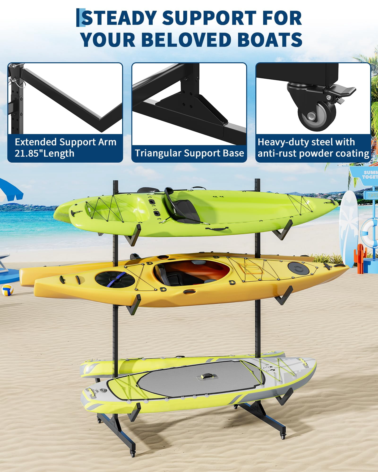 3-Tier Freestanding Kayak Storage Rack -Storage Rack for Kayaks or Canoes - Premium Kayak Stand for Outdoor and Indoor - Heavy Duty Kayak Holder