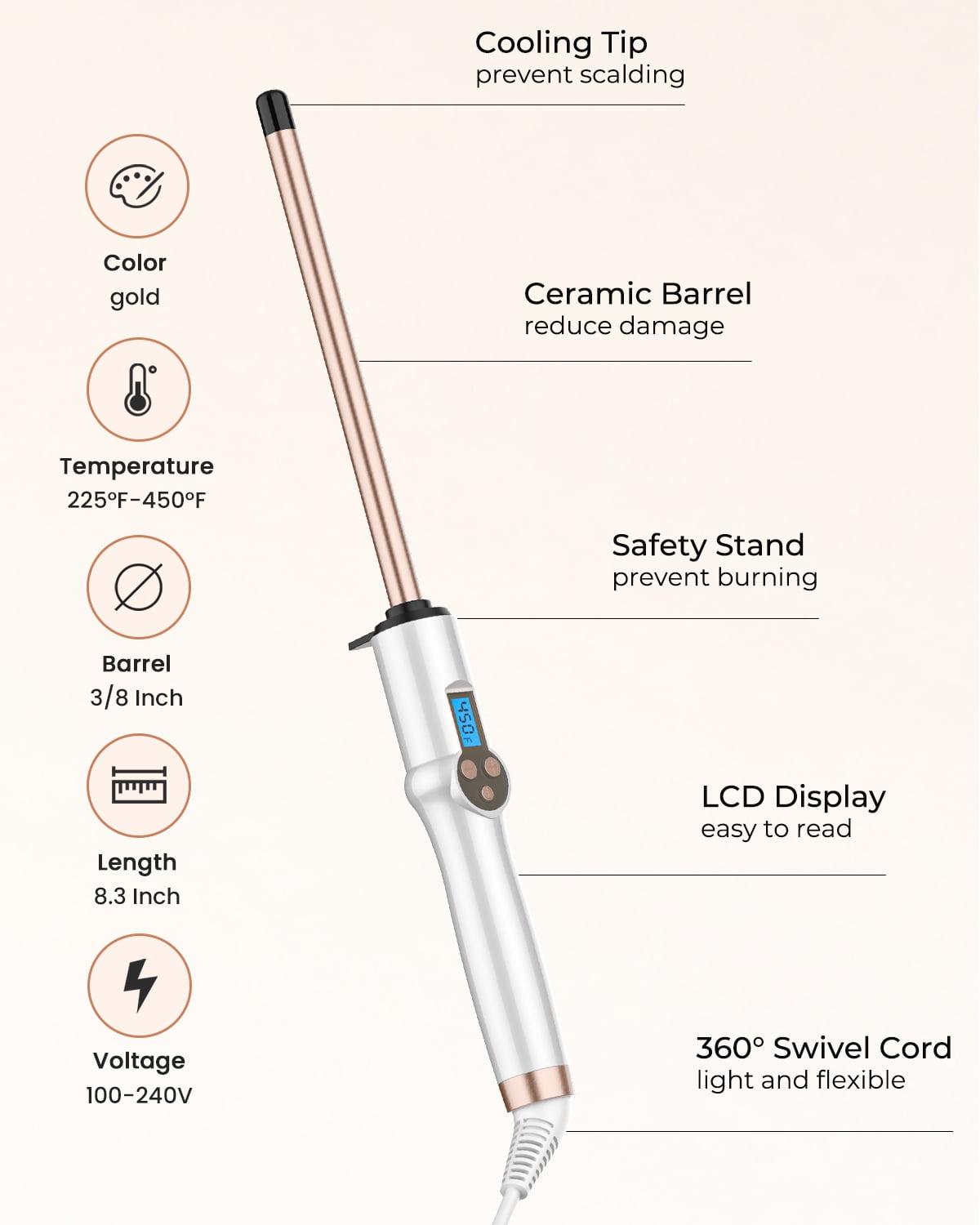 Hoson Small Curling Wand, 1/2 Inch Long Barrel for Short Hair, Ceramic Skinny Curling Wand with Adjustable Temperature