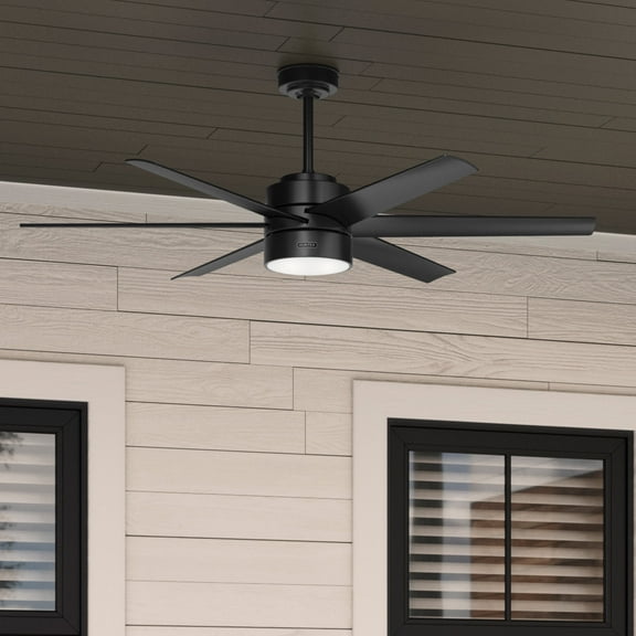 Hunter 60 inch Outdoor or Indoor Ceiling Fan with LED Light - Black Ceiling Fan with Wall Control, For Patio, Garage, or Porch, Quiet, Standard Mount, 6 Blades - Solaria 59624, Matte Black