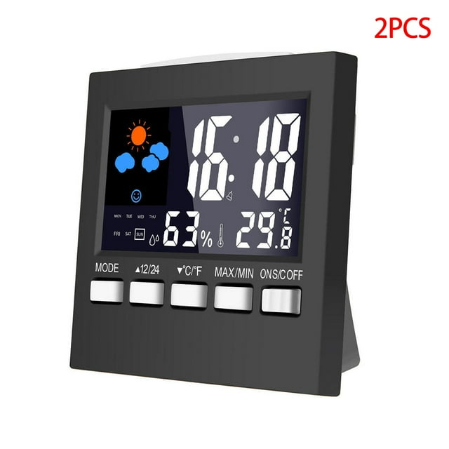 Xingzhi 2 Pcs Réveil de Bureau Électrique avec Écran LCD Coloré Affichant l'Heure, la date, le Jour, la Température et l'Humidité. l'Horloge en Plastique Noir Offre un Contrôle Sonore pour l'Activation du Rétroéclairage, une Conception Compacte, et des Boutons pour le mode, le format 12/24 Heures, l'Interrupteur d'Unité de Température et le Contrôle du Rétroéclairage. Convient à la Maison, au Bureau Ou à l'École. Alimenté par 2 Piles AAA (Non Incluses).