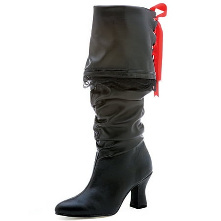 2 Inch High Heel Pirate Boot Black Knee High Sexy Boots Red Ribbon Lace Up