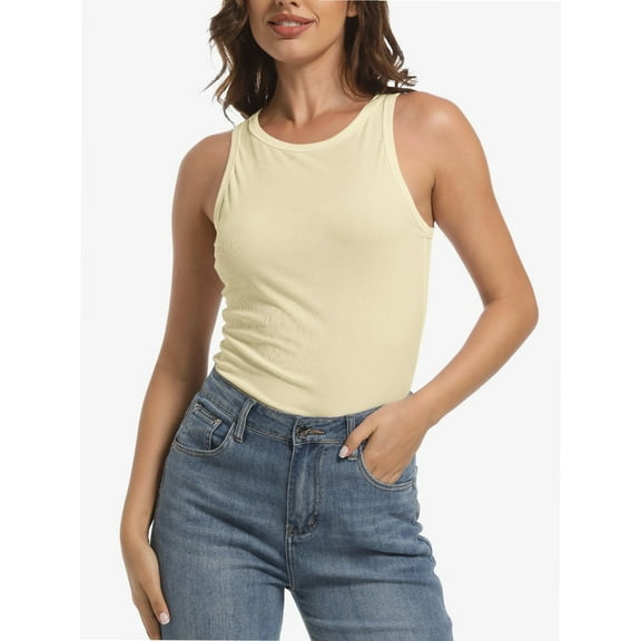 Women's Crewneck Racerback Ribbed Tank Tops Summer Basic High Neck Sleeveless Slim Fit Crop Tops