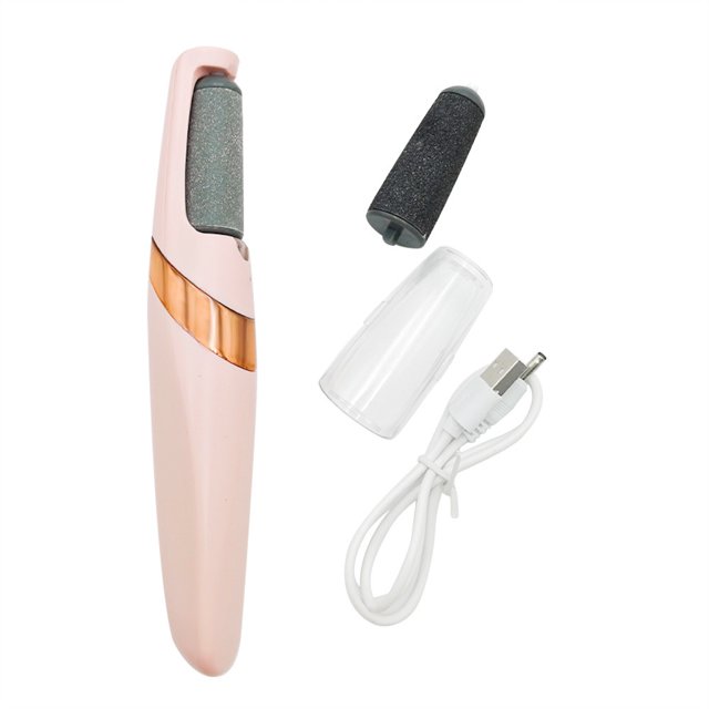 Electric Foot Callus Remover, an electronic pedicure tool with a sleek pink and gold ergonomic handle. Includes a replaceable grinding head, protective cover, and USB charging cable. Designed for removing dead skin, calluses, and corns with two-speed adjustment for precise foot care.