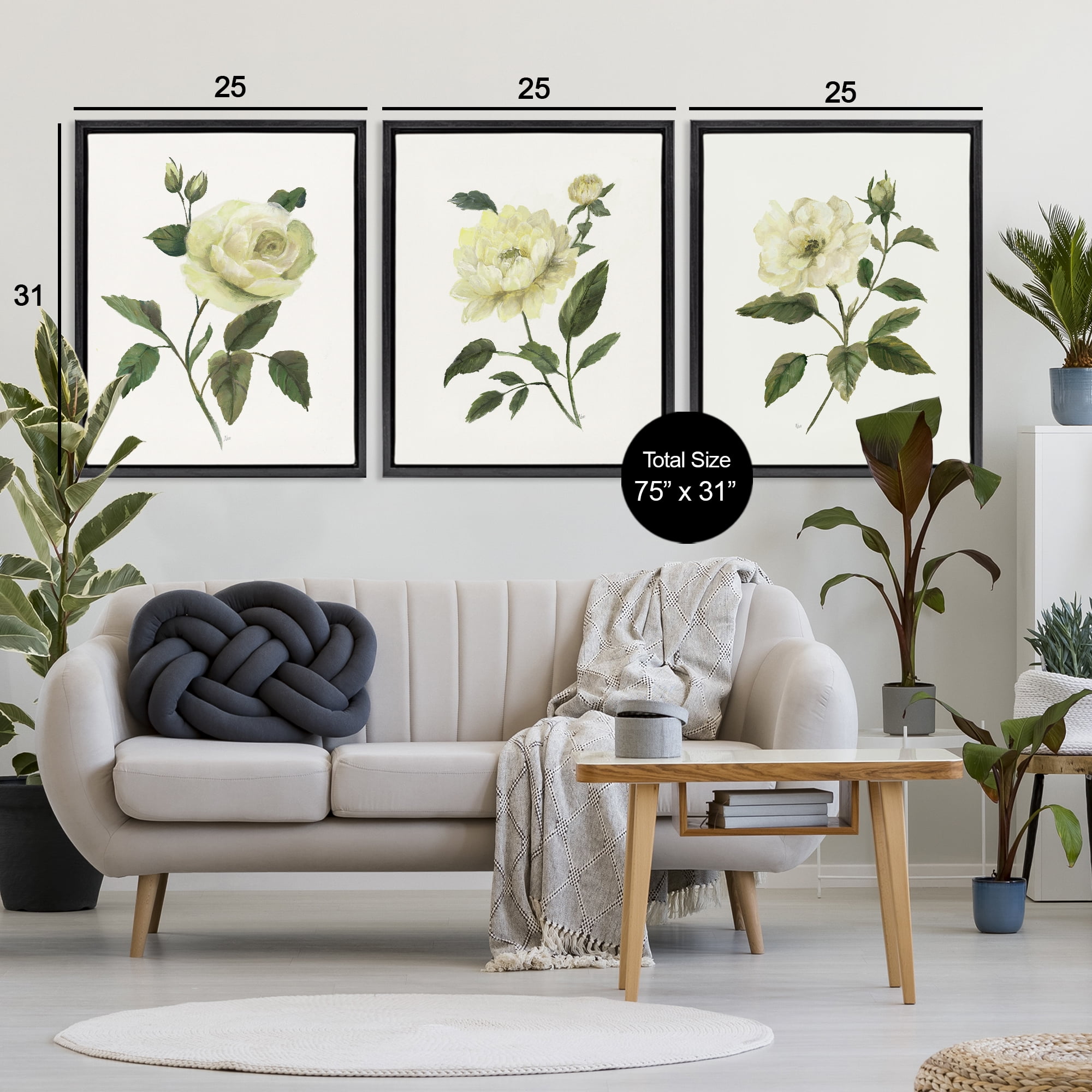 Stupell Industries Ivory Budding Garden Flowers 3 Piece Black Framed Floater Canvas Set, design by Nan