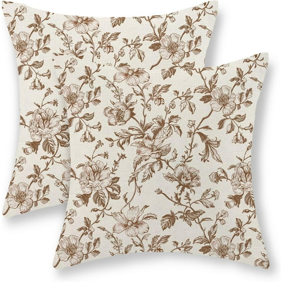Brown Floral Pillow Covers 16x16 Set of 2 Brown and Cream Chinoiserie Floral Decorative Throw Pillows Vintage Rustic Toile Flower Pillowcase Outdoor Decor Linen Cushion Covers for Couch Sofa