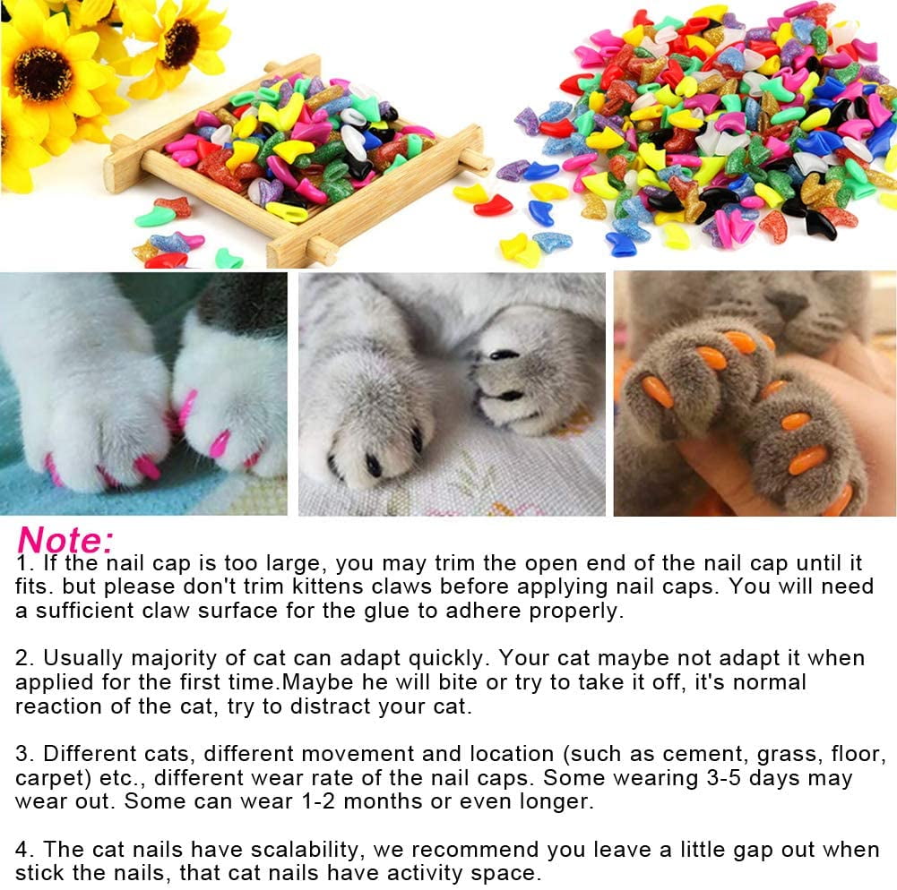 Amazon.com : JOYJULY Soft Cat Kitty Nail Caps Claws Covers for Cats Paws  Grooming Claw Care, 100pcs 4 Size of 1 Glitter Shinning & 4 Solid Colors &  5 Glues (XS) : Pet Supplies