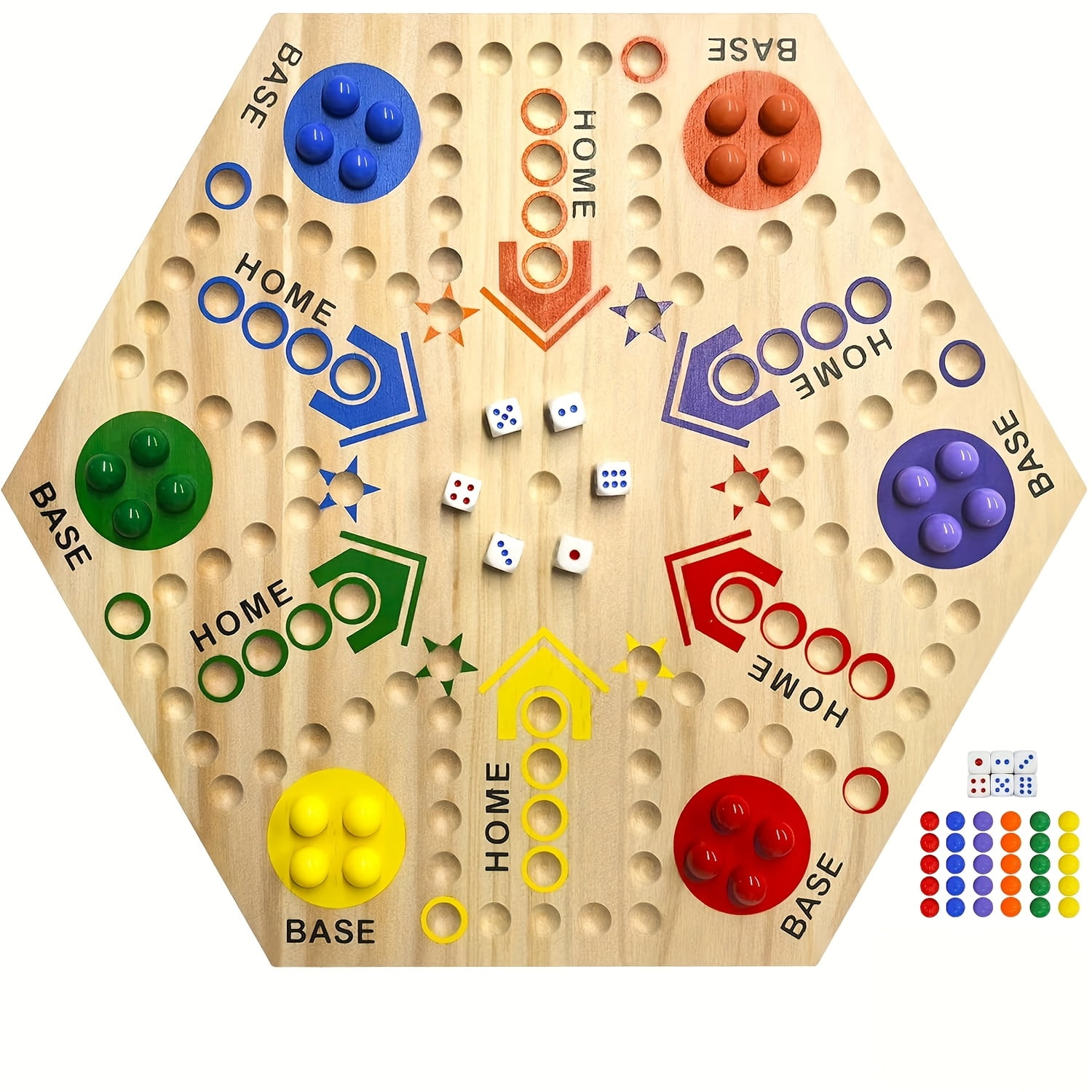 Wooden Fast Track Board Game for 4-6 People, Original Marble Game Wahoo Board Game, 15 Inch Double-sided Board, 2-6 Player Fast Track Game, 6 Colors 24 Marbles 6 Dice, Interactive Family Board Game
