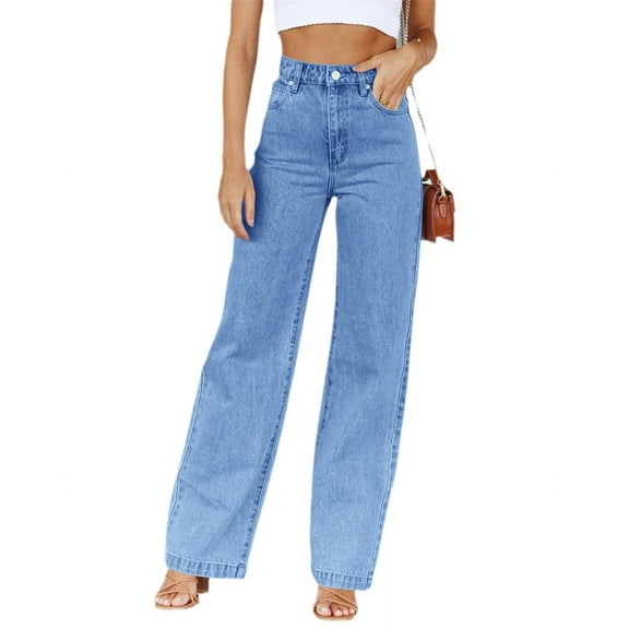 High Waist Women Blue Wide Leg Pants Casual Denim Jeans