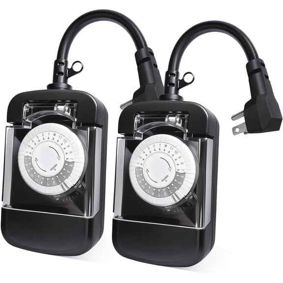 oviitech 24H Outdoor Mechanical Timer Switch, 2 Grounded Outlets, 30-Min Interval 48-Pin Dial, ETL Listed, Black