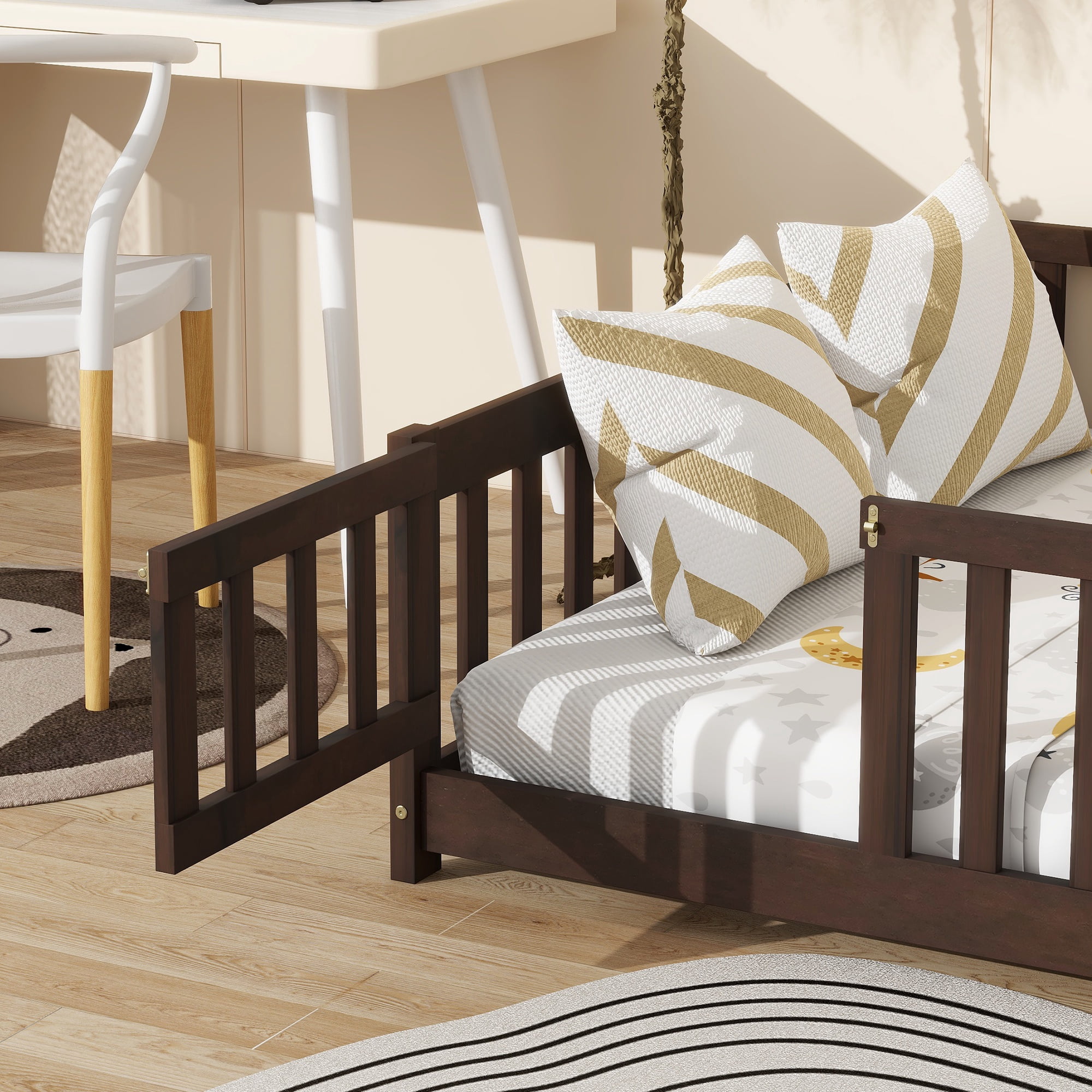Full Size Kids Toddler Floor Bed with Door and Fence, UHOMEPRO Montessori Floor Bed with Slats and Safety Guardrails, Solid Wood Full Bed Frame for Bedroom, Espresso